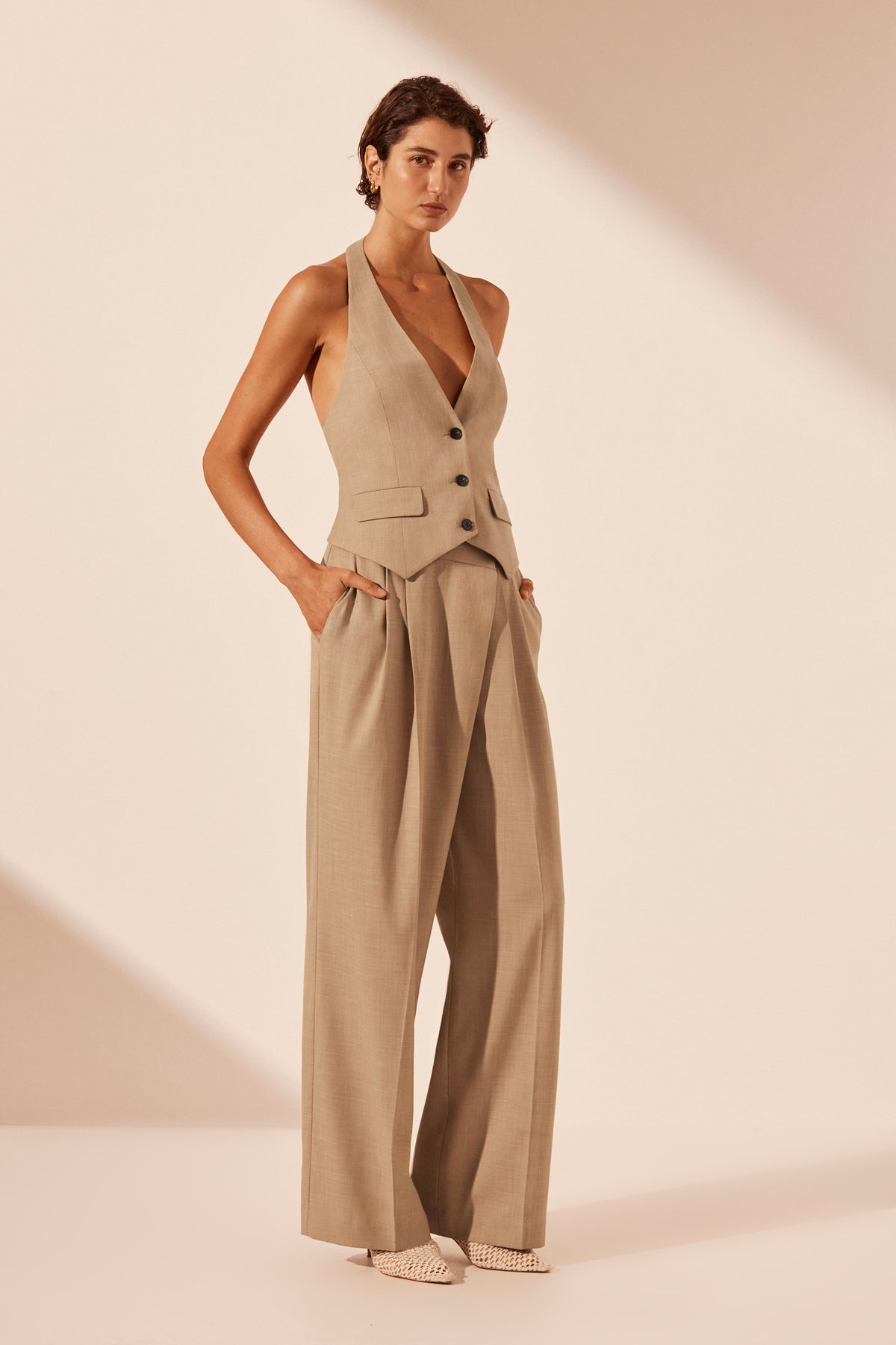 Asher Tailored Open Back Vest // Latte