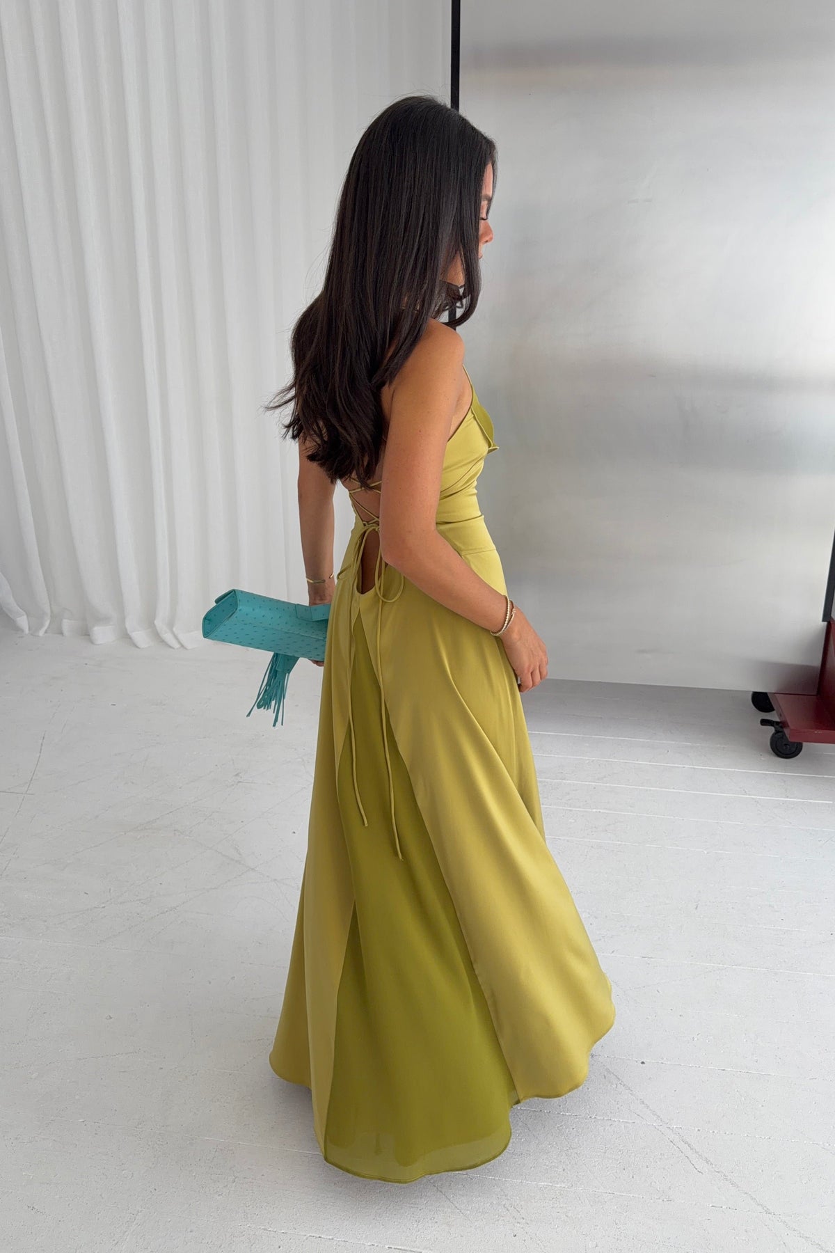 Frill Maxi Backless Dress // Emerald Satin