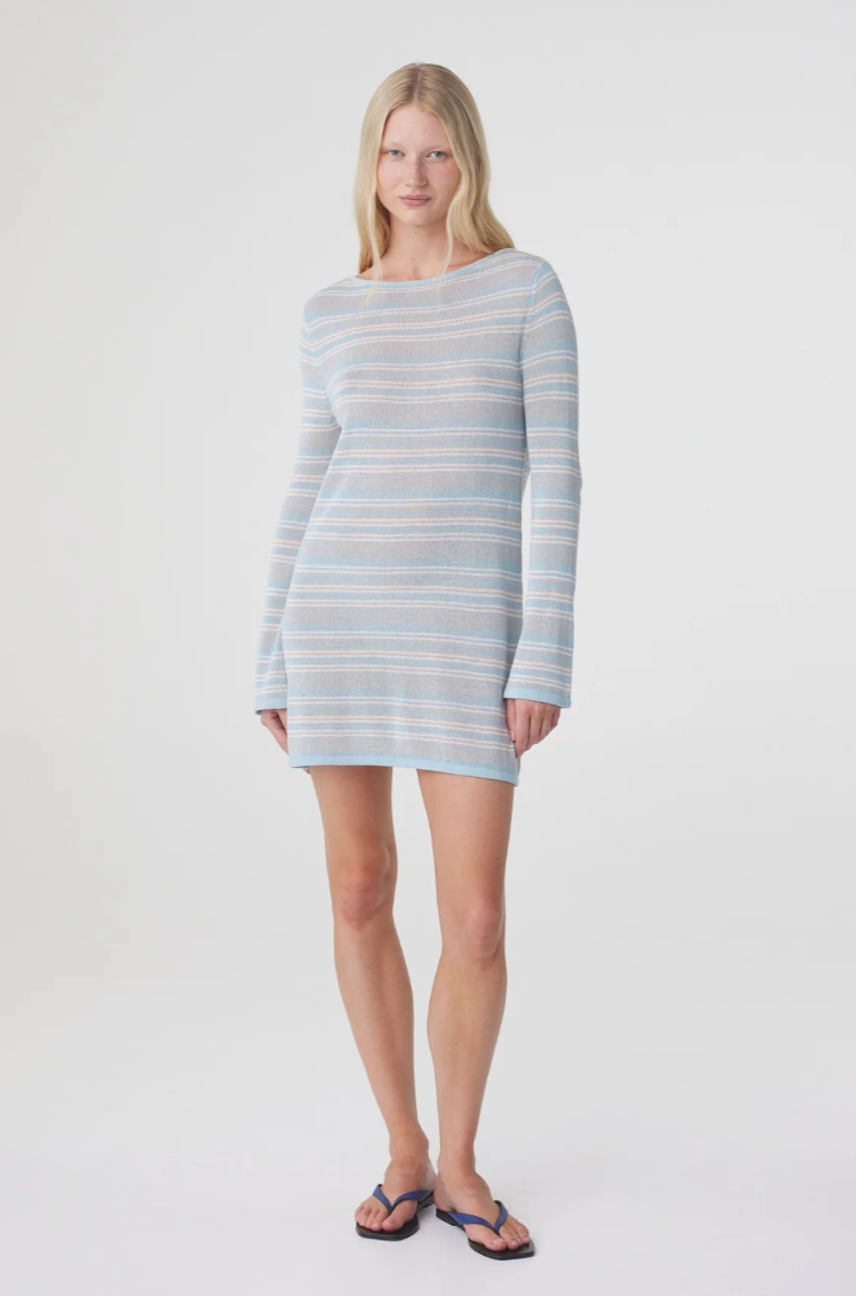Nia Long Sleeve Mini Dress // Dusk Blue Cream Stripe