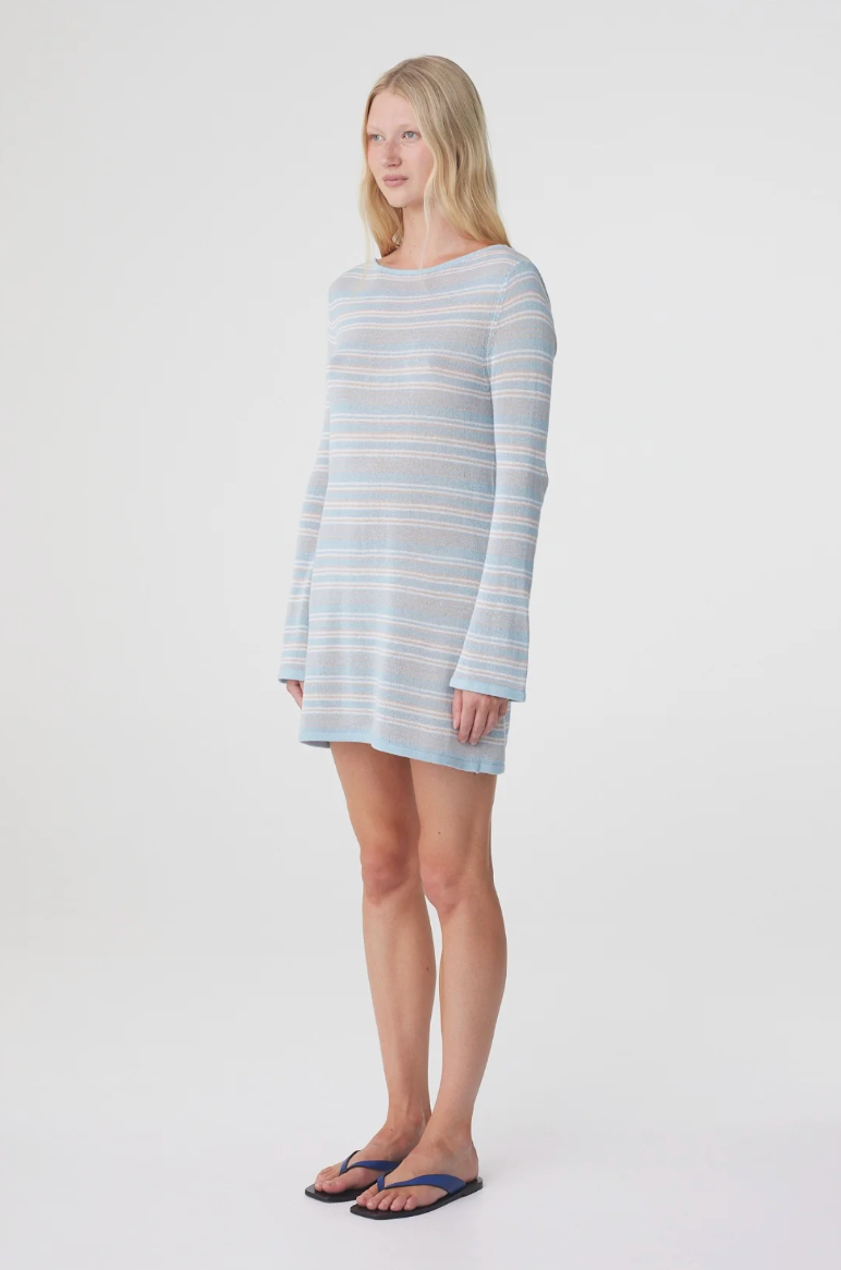 Nia Long Sleeve Mini Dress // Dusk Blue Cream Stripe